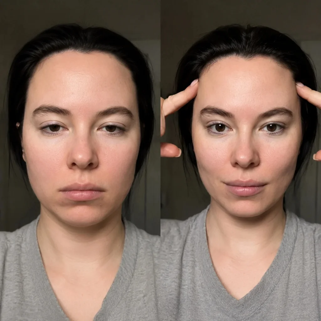 Antes y después en vista frontal: desinflamación matutina y efecto lifting en mejillas y pómulos