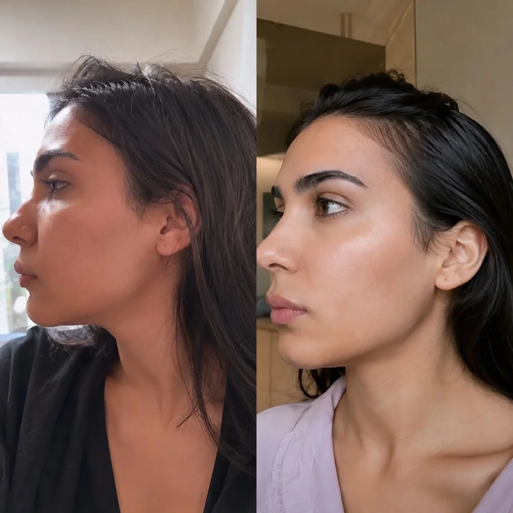 Antes y después en vista de perfil: efecto drenaje y definición del contorno mandibular