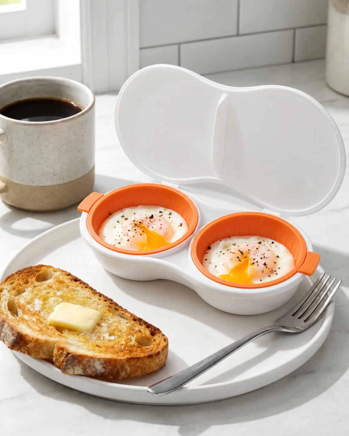 Pochador abierto con dos huevos pochados, tostada y café