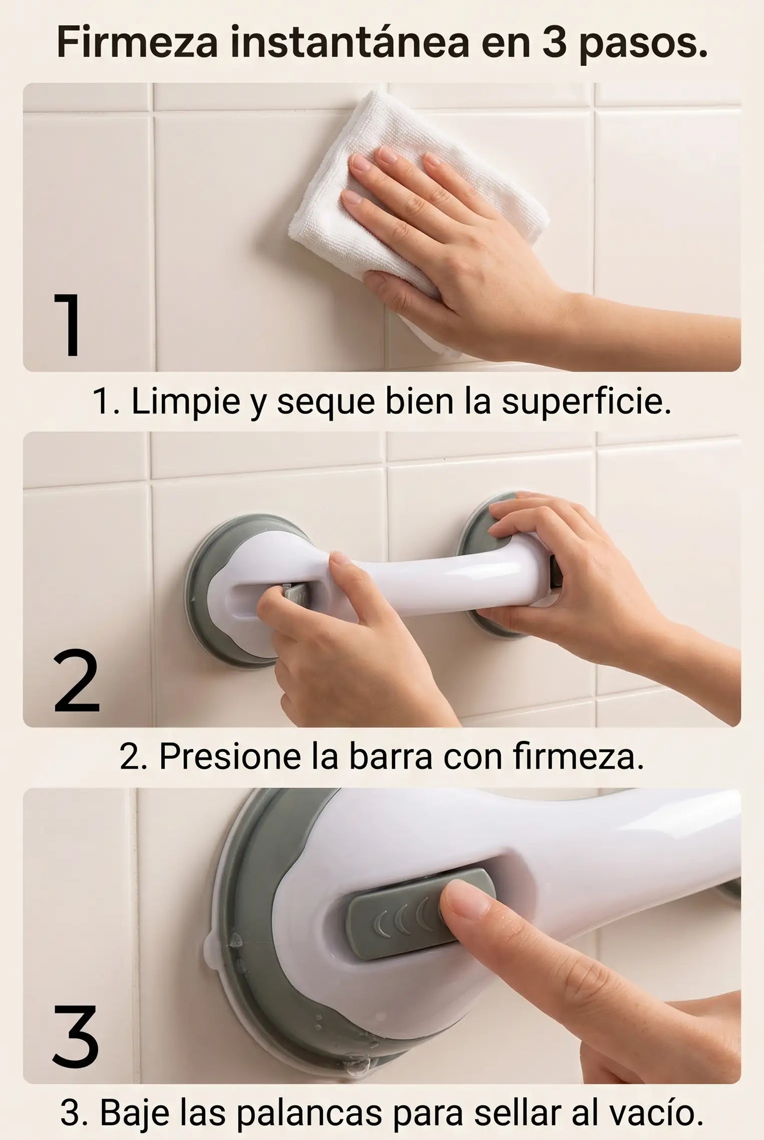 3 pasos para instalar la manija de seguridad: limpiar superficie, apoyar y bajar palancas